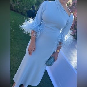 16Arlington Adelaide One-shoulder Feather Trimmed Crepe Midi Dress- Size US4 UK8